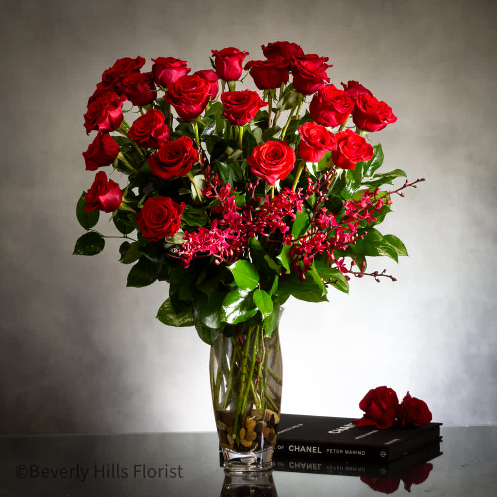 Classic Reds  - Pasadena Florist - 24 Stems of classic roses with orchids