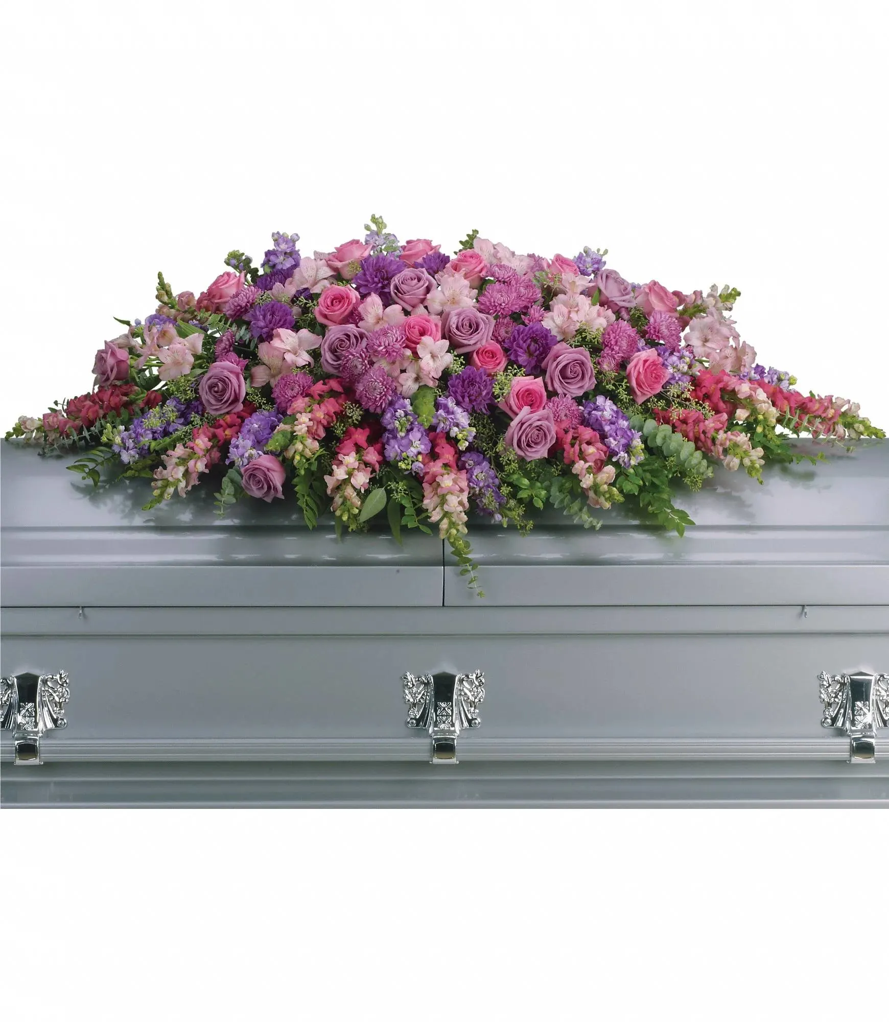 wonderful life Casket Spray - Memorialize the meaning of a wonderful life with this beautiful full casket spray of assorted fresh blossoms in pretty pink, lavender, and purple hues. Featured flowers include roses, alstroemeria, stock, carnations, snapdragons, or other similar seasonal favorites. An exceptional family tribute