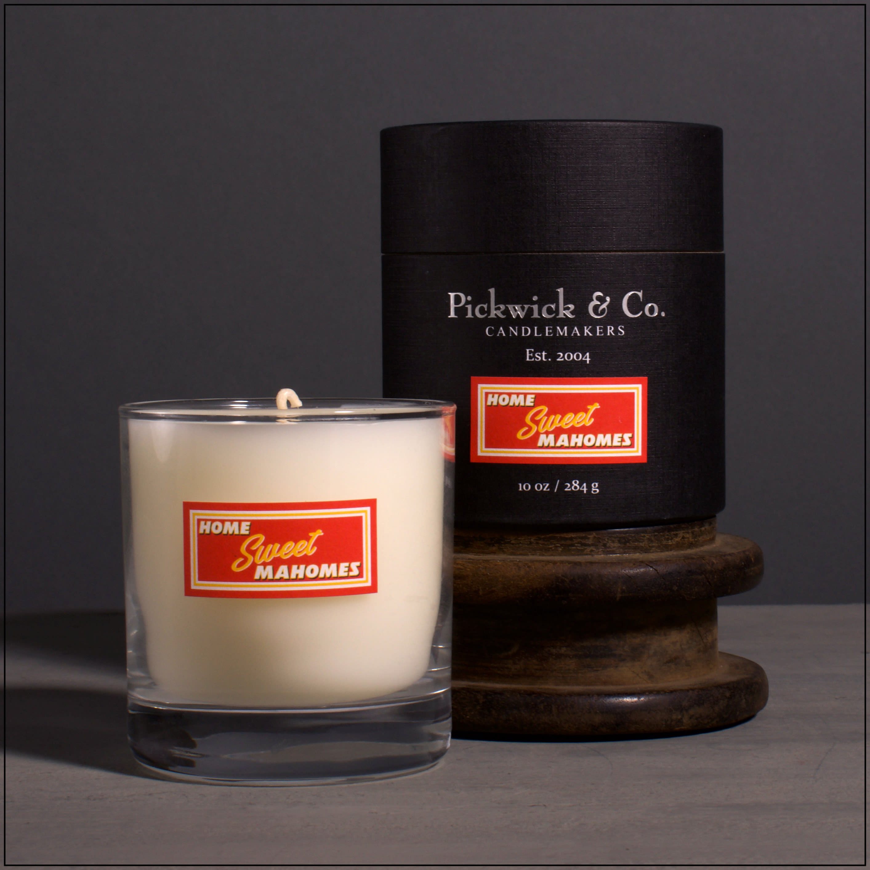 Pickwick Candles- Home Sweet Mahomes Pickwick Candles- Home Sweet Mahomes - Tobacco leaf, vanilla noir, and caramel. 10oz Jar Candle. Local Company.