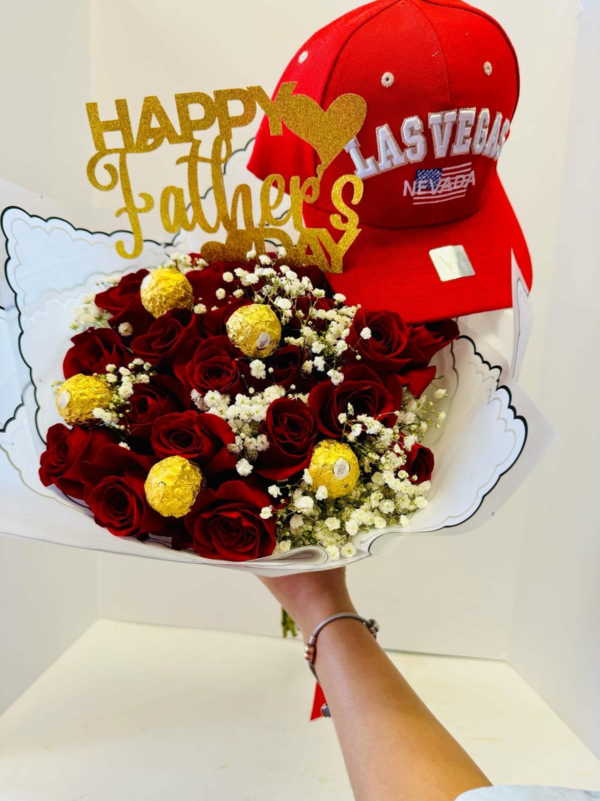 flowers for dad  - 24 red roses  with ferrero rocher chocolates  Hat Flower Bouqet Arrangment  Custom Flower Arrangment / Your choice of Team In Hat