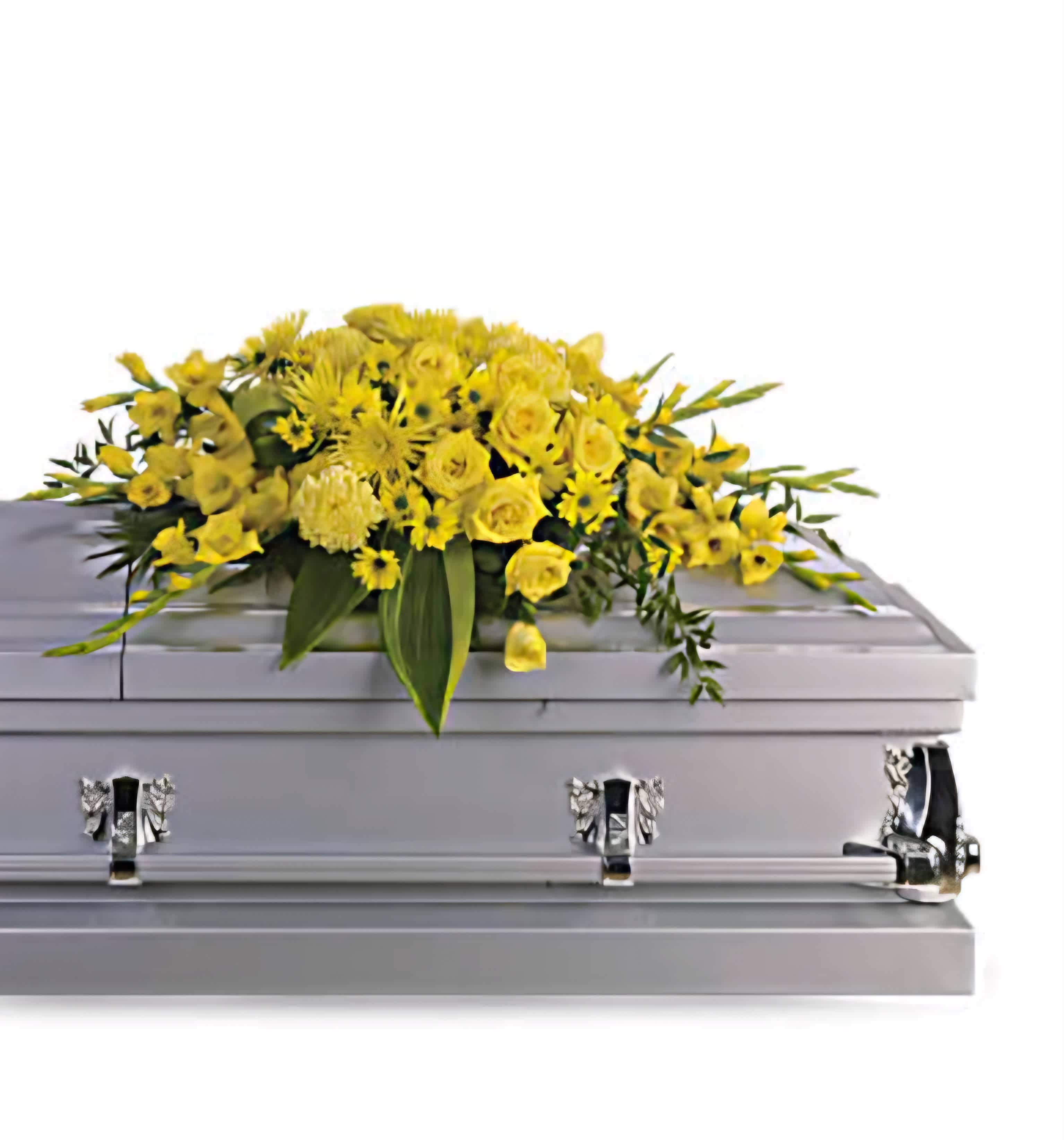 Yellow Casket  - Illuminate the memory of your loved one with our Yellow Casket Spray, a radiant display of sunshine-hued blooms that symbolize joy, optimism, and a life well-lived, honoring their vibrant spirit and cherished memories.
