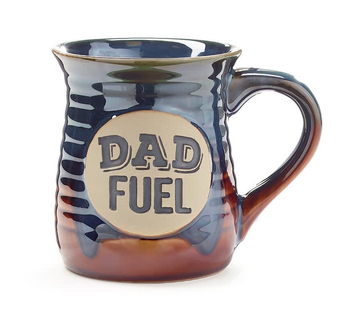 DAD FUEL Mug DAD FUEL Mug - NOT AVAILABLE FOR DELIVERY UNLESS AS AN ADD-ON.. STORE PICK UP OR LOCAL DELIVERY ONLY. Details: Dishwasher safe/FDA approved/Microwave safe. Porcelain hand-painted chocolate ribbed mug with plaque on front that reads "Dad Fuel". Recessed in black. Inside is black and handle is black and brown. 4.5"H x 3"Opening. Capacity 14oz.