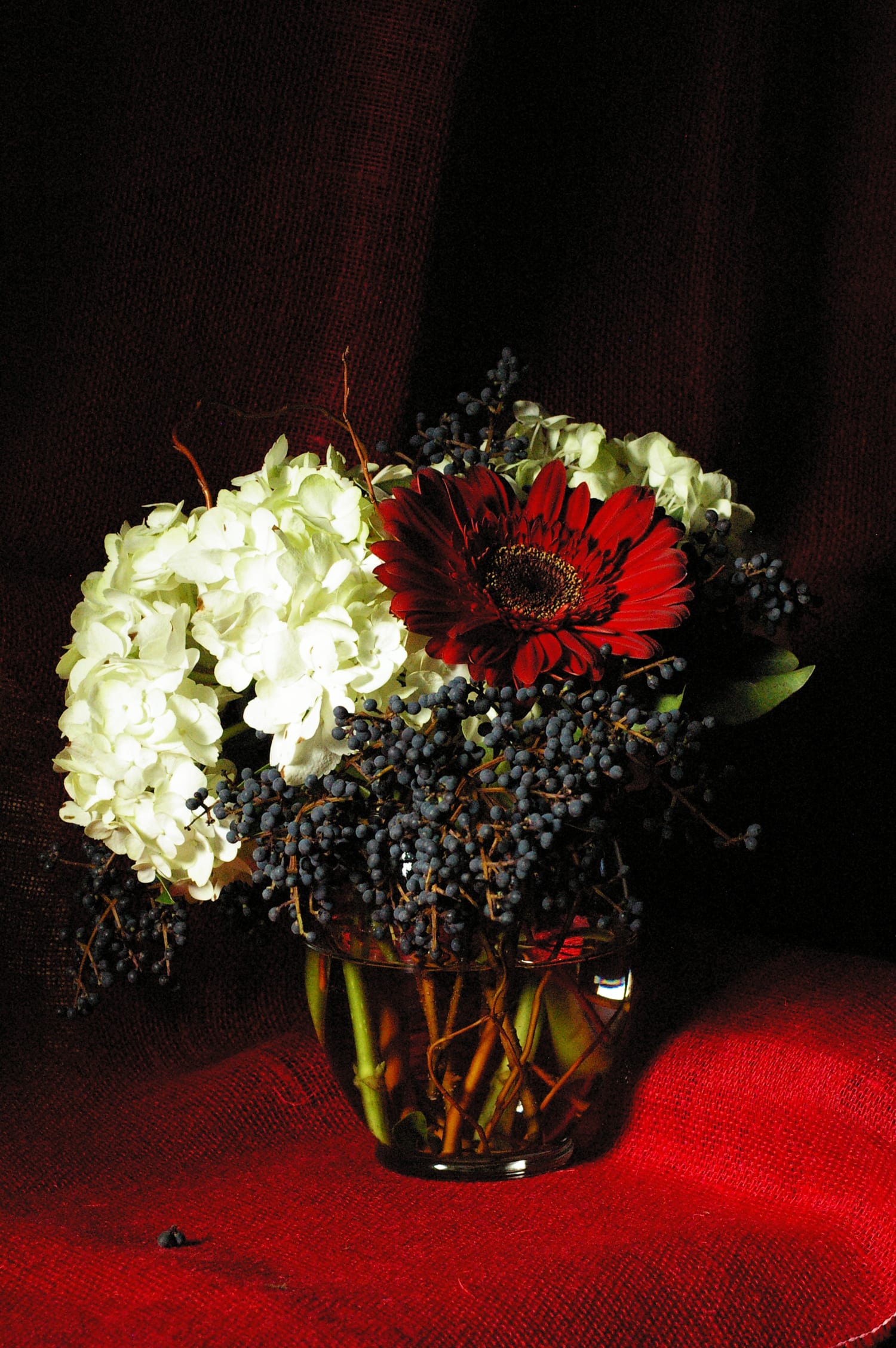 Snowflake Snowflake - Seasonal hydrangeas, gerber daisy, privet berries and curly willow in vase