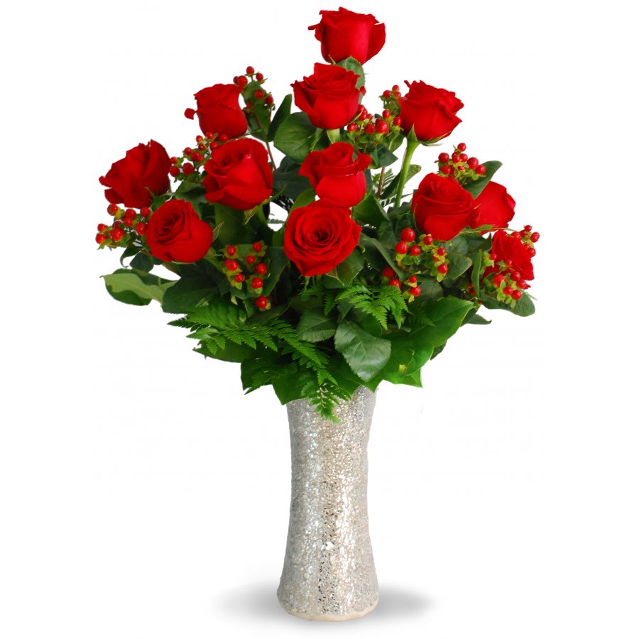 April's Reflections of Love April's Reflections of Love - April's glamourous "Reflections of Love" floral arrangement is a classic design of a dozen red roses, complemented with red coffee beans, a garden of green leather ferns, and lemon leaves. elegant vase supports the lavish arrangement available for more arrangements to come! **Vase may varey.**