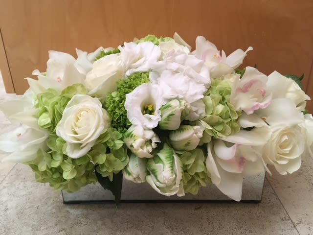 White Oasis - white Hydrangeas , green Hydrangeas , blooms of  orchids , white Roses , Tulips 