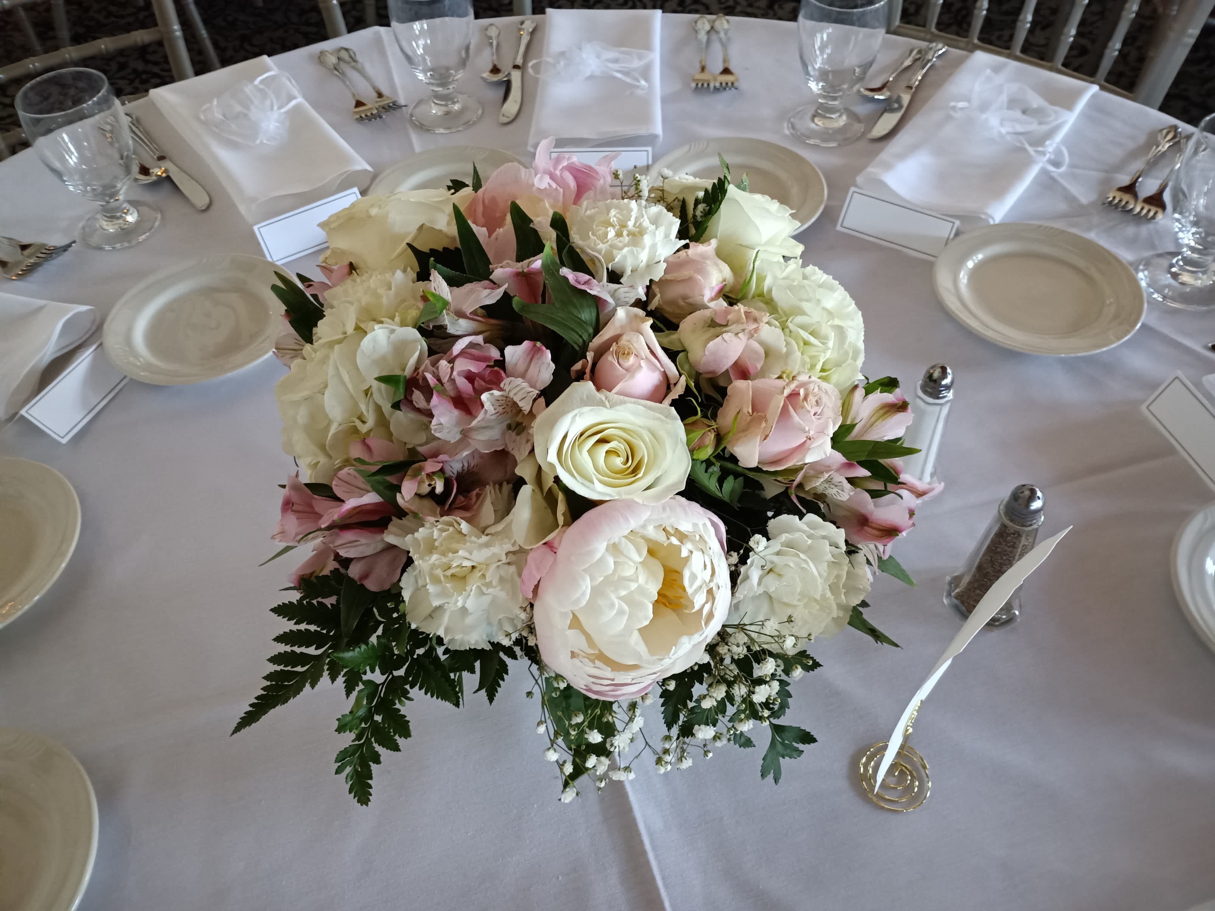 Julia's wedding reception low gold plastic compote vase centerpiece - beautiful pastel classical compote shaped plastic gold vase with peonies, roses, alstroemeria, carnations and other fillers wedding reception centerpiece