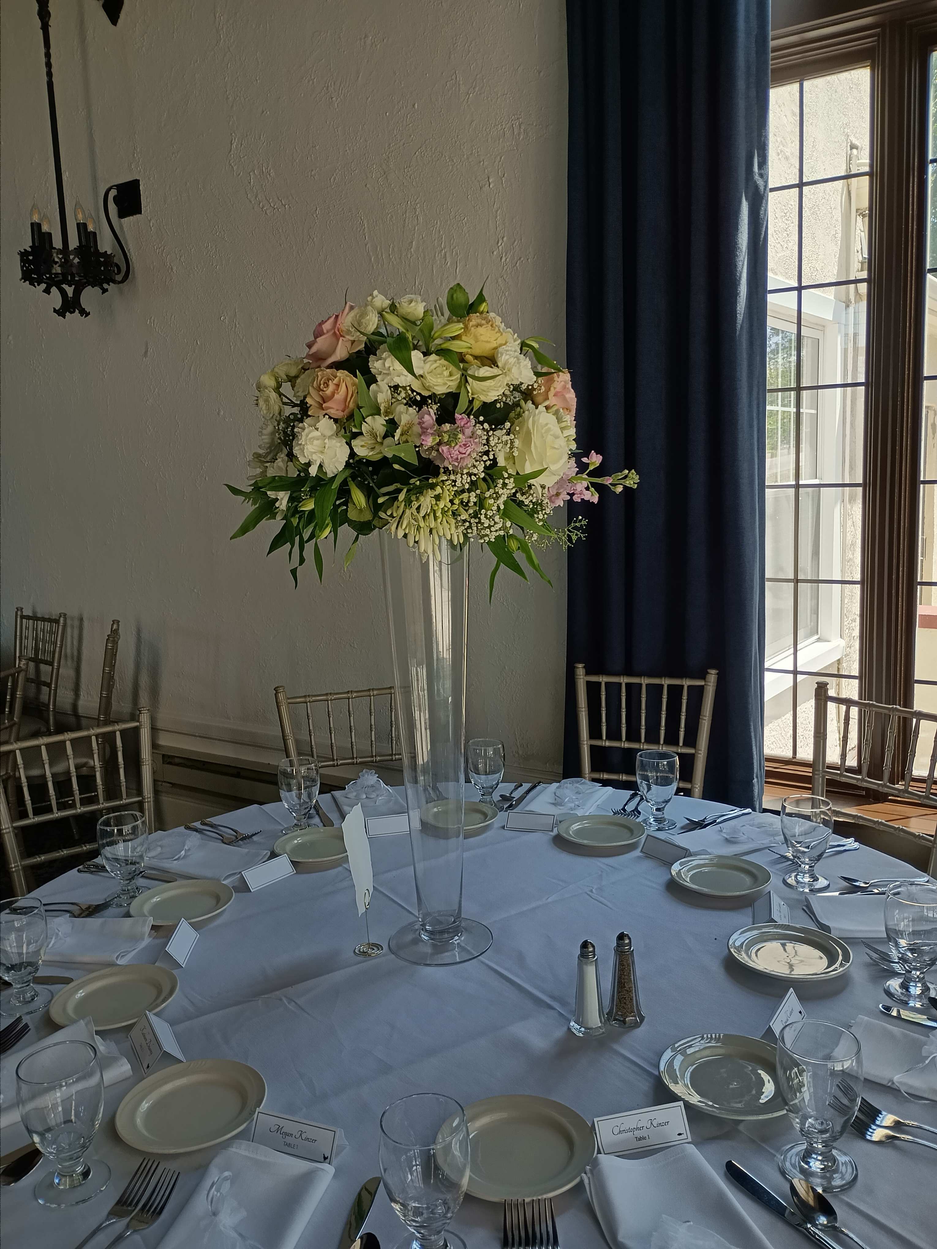 Julia's wedding reception 24&quot; tall trumpet glass vase centerpiece  - Beautiful peony, roses, alstroemeria, carnations, stuck and other flowers and fillers 24&quot; tall glass trumpet vase centerpiece 