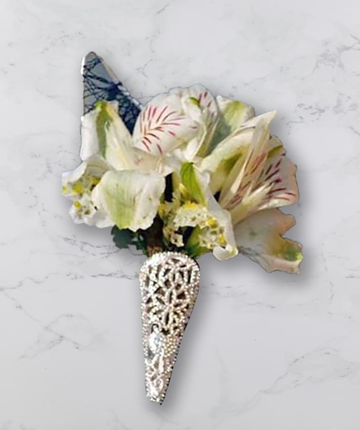Alstroemeria Boutonnière - Boutonnière - white alstroemeria and white wax flower with silver lapel