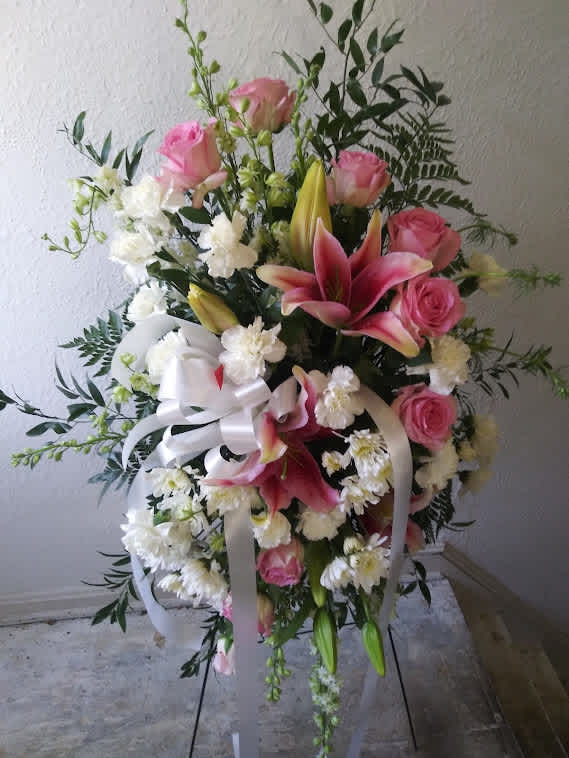 &quot;Our thots with you in haven&quot; - Beautiful white &amp; pink standing spray with pink stargazer lily, pink roses, white carnations, daisies and roses and greens