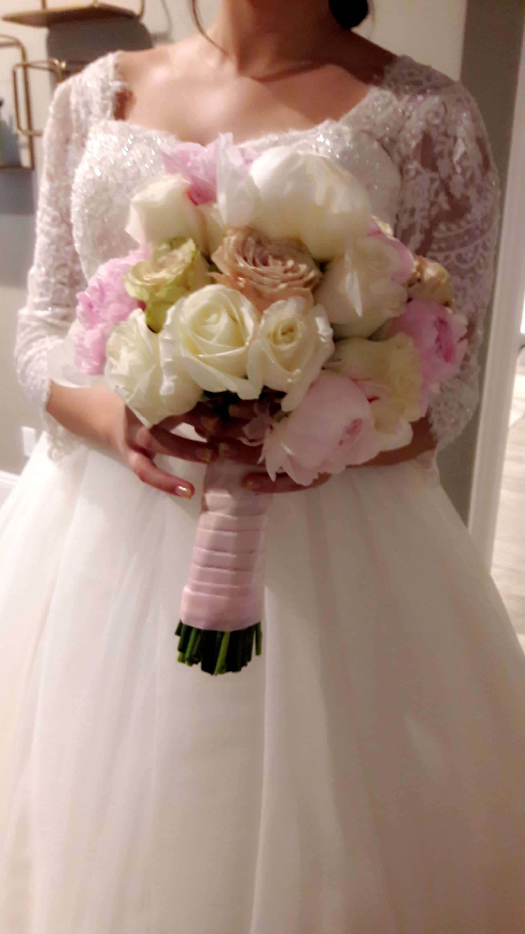 Peony Wedding Bouquet - Peonies, white roses, pink roses, quicksand roses, and finished it off with a matching pink satin ribbon.  