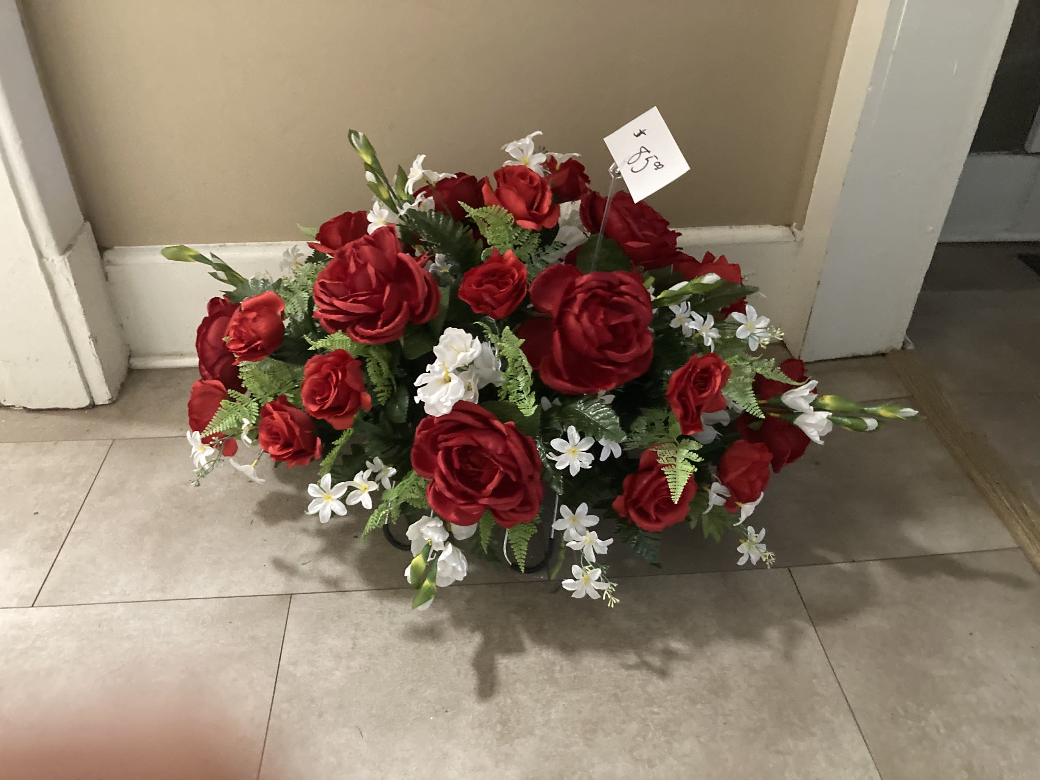 Red Cemetery Saddle - Large size saddle for cemetery in red, white. Flowers may vary. Upgrade below to send on an easel.