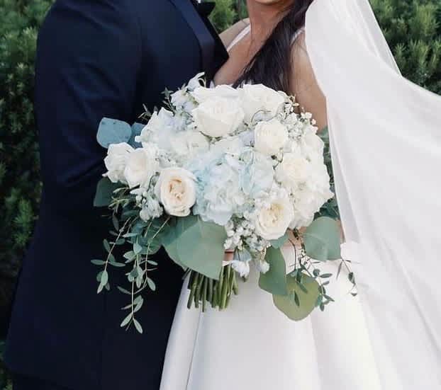Something Borrowed and Something Blue Bouquet Something Borrowed and Something Blue Bouquet - This gorgeous Bridal Bouquet has a subtle hint of blue throughout with Hydrangea, Garden Roses, Delphinium, Baby's Breath, Limonium and varying types of eucalyptus