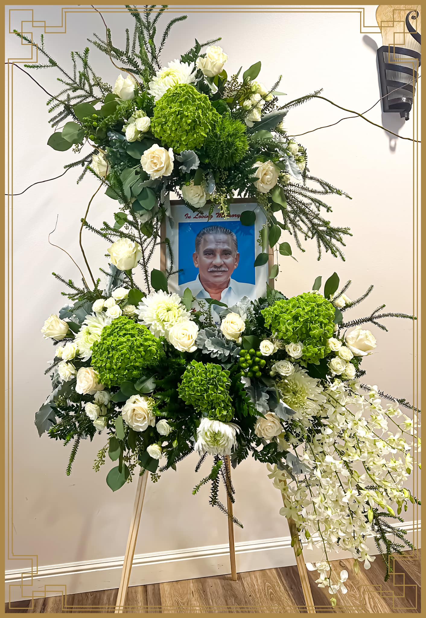 Sympathy Picture Spray (White with Greenery) Sympathy Picture Spray (White with Greenery) - Customized