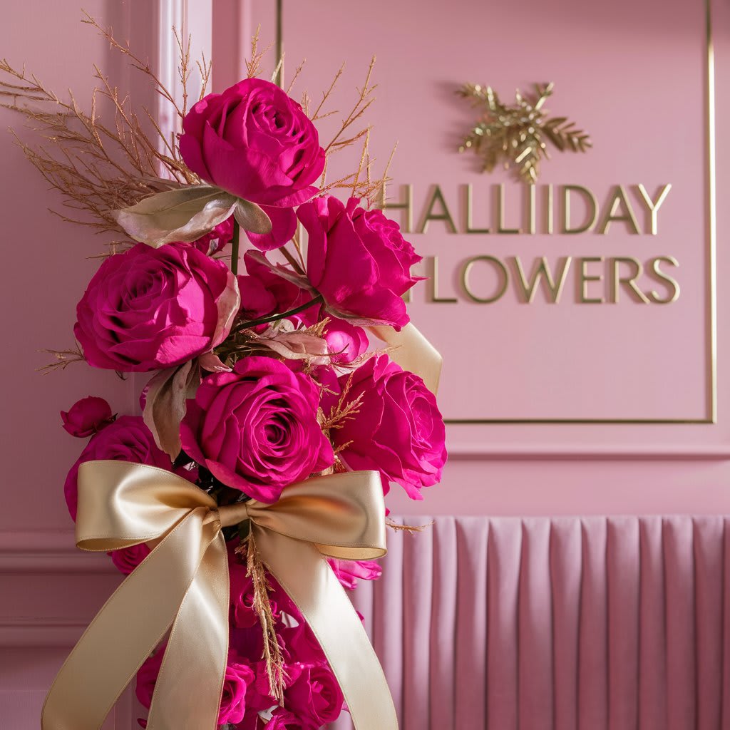Pink Rose Wall Decor  - Hot Pink Roses and Gold Trimmings