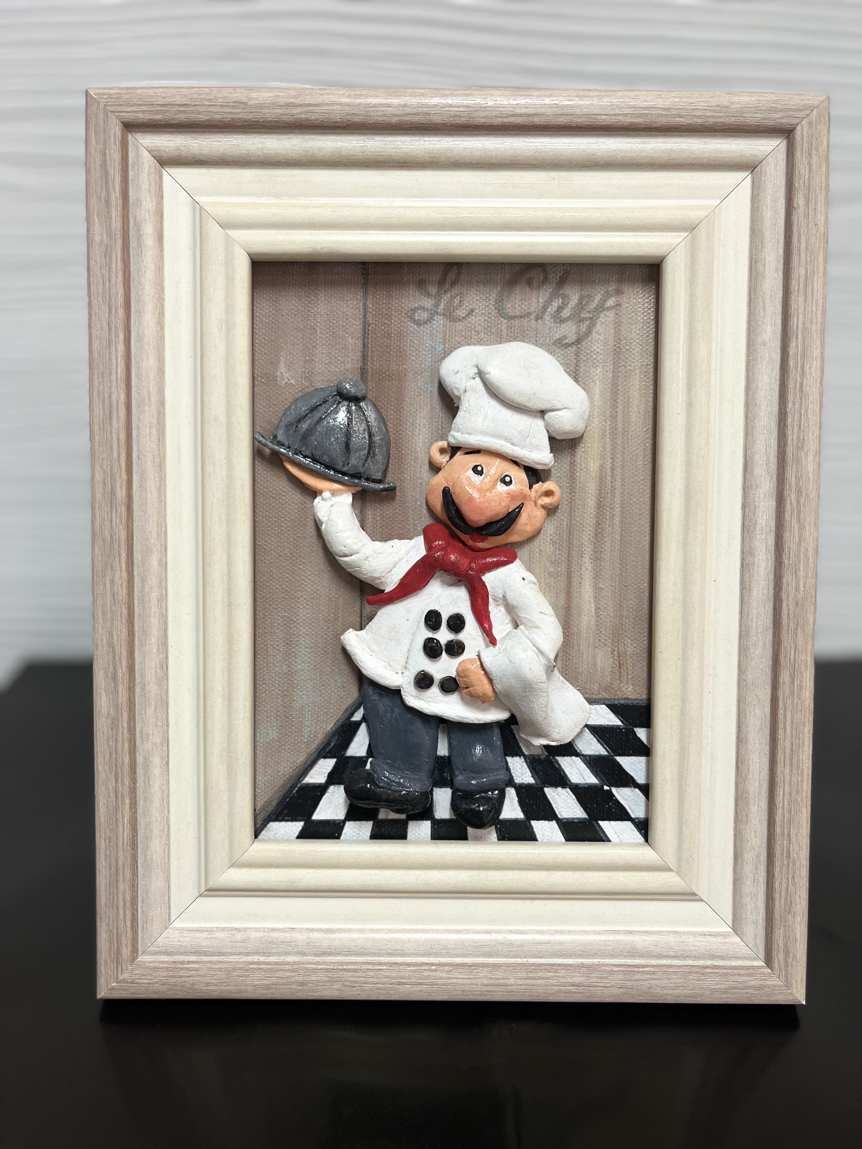 Le Chef clay art - Completely one of a kind handmade, molded, painted on a wooden frame 