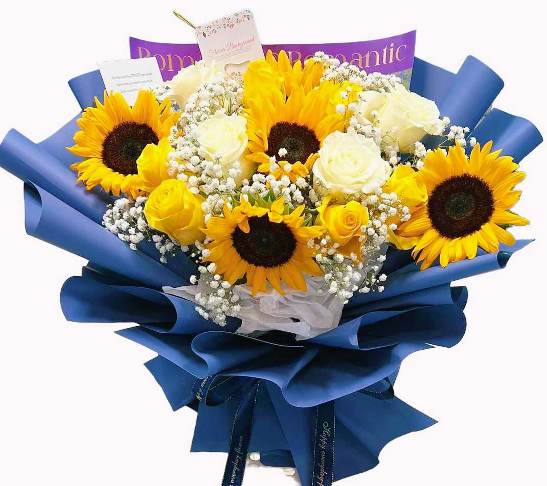 White Rose And Sunflower White Rose And Sunflower - Our flower have Fresh Floral Foam, no need vase no need add water ,floral foam can help extend the life of your fresh floral flowers . Don’t unwrap it .