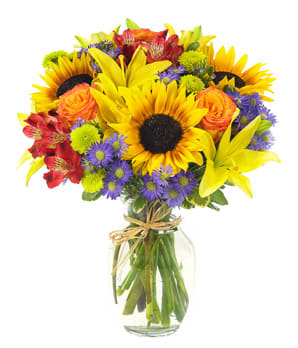 european garden - european garden bouquet Orange roses ,yellow lillies, red alstromeria, green pomps purple status  arranged in a clear vase tied with rafia