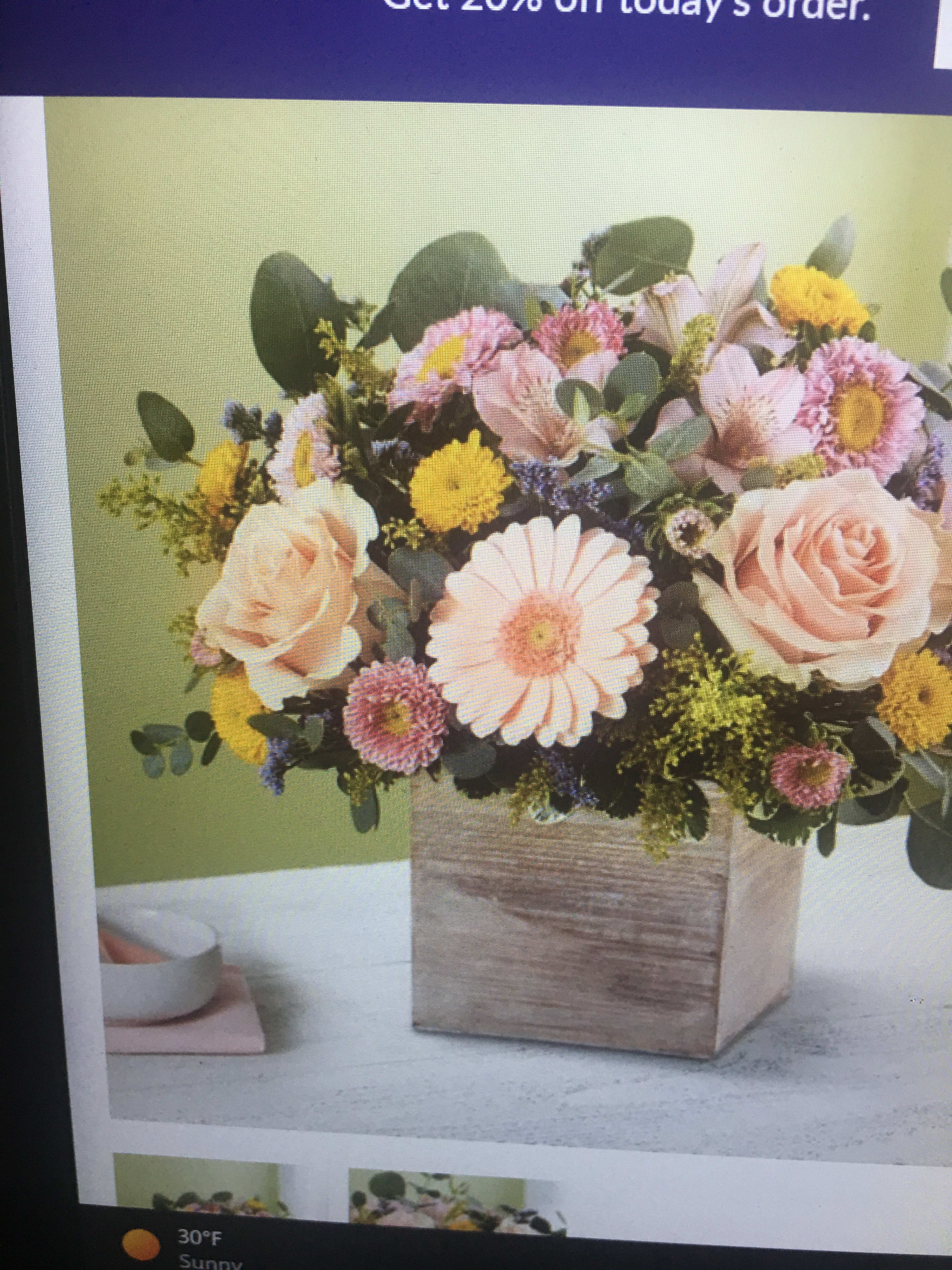Spring sentiment - Pastel roses Herbert’s and daisies arranged in a rustic wood cube