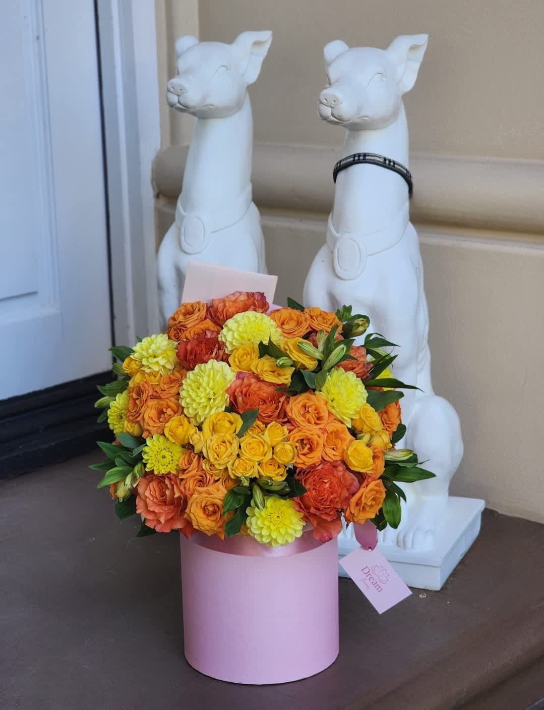 Brighter Than Sunshine - Beautiful Surprise! Hatbox of the vibrant hues of the roses and spray roses, while the delicate dahlias add a lovely fragrance and visual interest RECOMMENDED FOR: Love and Romance, I Love You Flowers, Anniversary, Proposal,  Romantic Gift, Birthday, Get Well Soon, Celebrations, Best Wishes, Thank You, Congratulations, Just Because, New Baby, Everyday 