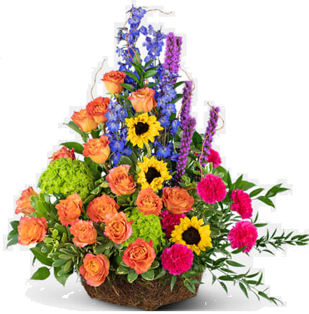 Bright &amp; Bold Colors Wicker Basket - Similar to our &quot;Bright &amp; Bold Colors Standing Spray,&quot;  This brightly colored wicker basket arrangement is a perfect after the service gift for a loved one.