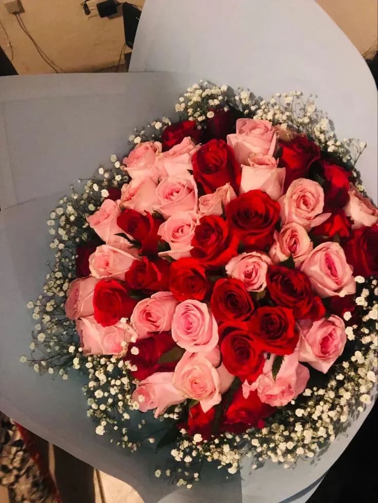 Light pink roses with baby's breath hotsell