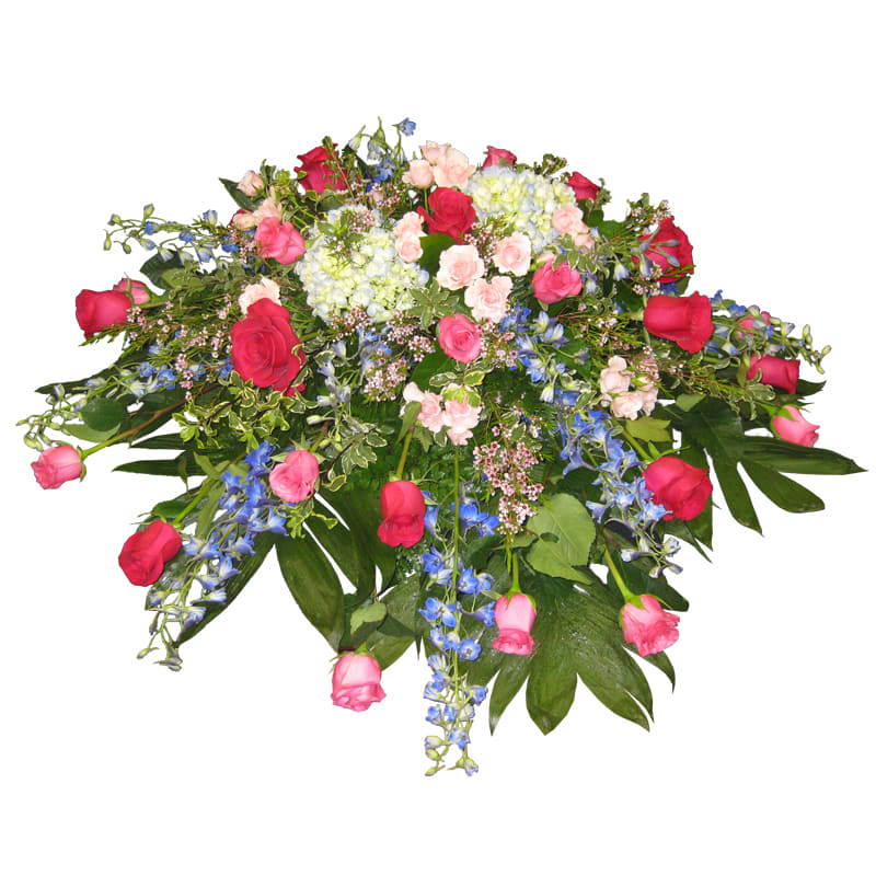 K607 Elegant Casket Spray for a Lady K607 Elegant Casket Spray for a Lady - Elegant Casket Spray for a Lady This beautiful mixed casket spray is a heartfelt tribute designed for a lady, featuring a harmonious blend of dark blue delphiniums, white hydrangeas, and a mix of pink and hot pink roses. Accented with gentle filler flowers and lush foliage, this arrangement exudes grace and elegance. We can customize the spray to suit your preferences, using similar flowers in different hues and shades to create the perfect tribute for your loved one.