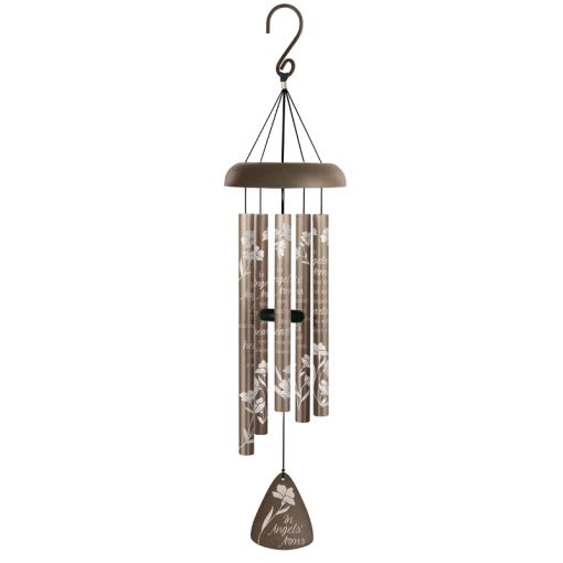 Angels’ Arms 30&quot; Silhouette Sonnet Windchime - Our Silhouette Sonnets are made of all aluminum construction and strung with an industrial cord. 5 heavy-walled tubes that emit gentle tones. Adjustable striker.  Chime Tubes Read: &quot;In angels’ arms you were carried away, inside our hearts you will always stay.&quot;  L: 30&quot; W: 6.5&quot;