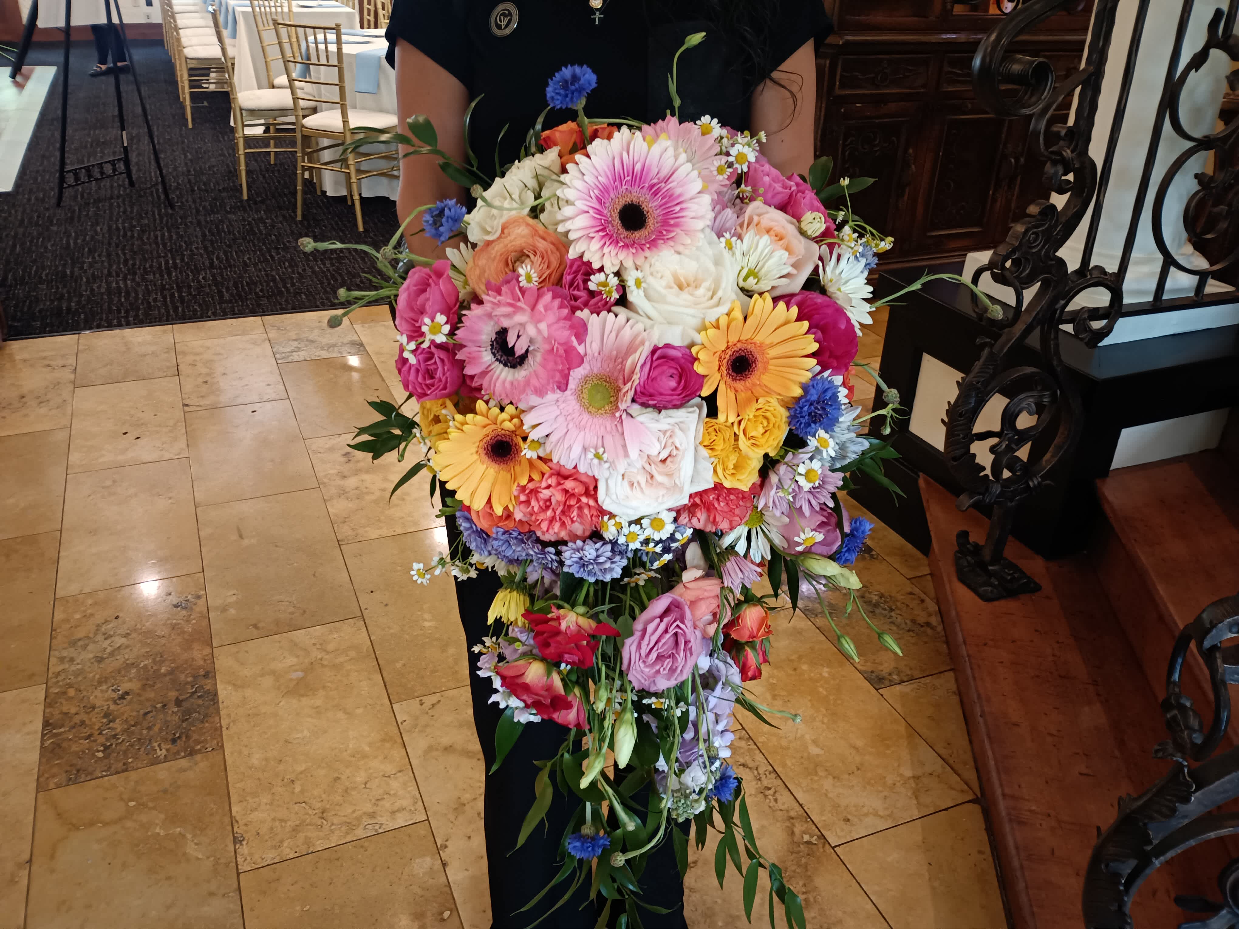 Brianna's bridal cascade summer colors - Beautiful whimsical cascade of light bright  summer colors of pink, blush, yellow, orange, burgundy and white with roses, gerbera daisies, ranunculus, daisies, carnations, corn flower and fewer few