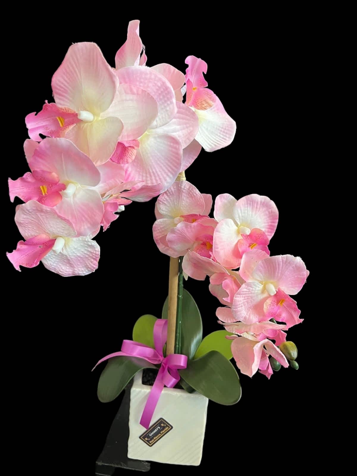 Chaney´s Artificial Orchid LIGHT PINK and WHITE 8&quot; - A beautiful real touch artificial orchid hand arranged in a ceramic pot. Always a good choice!