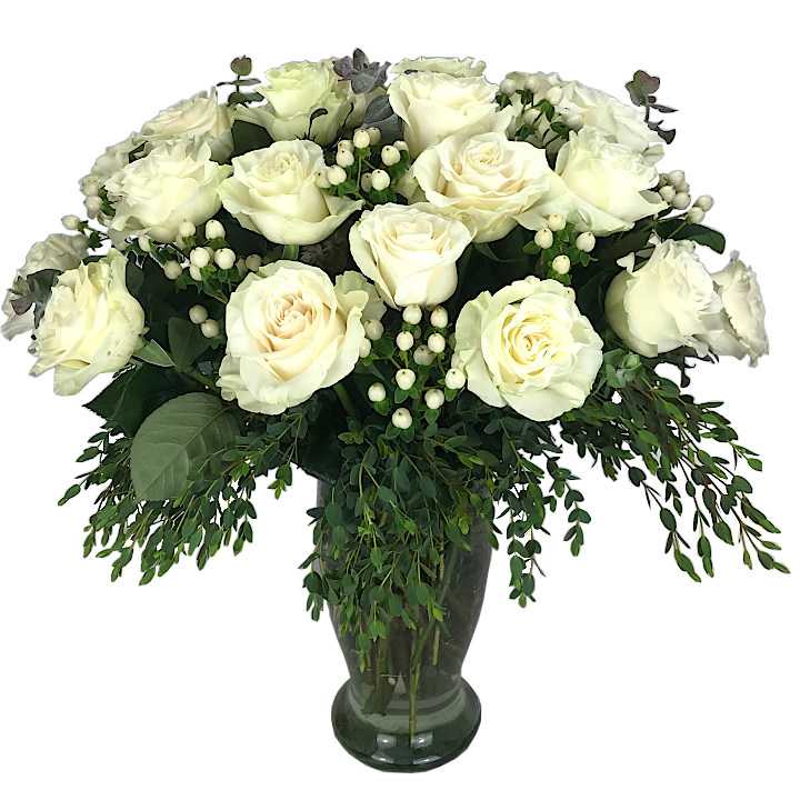 Two Dozen White Roses Two Dozen White Roses - Two Dozen White Roses with lush greens in a glass vase
