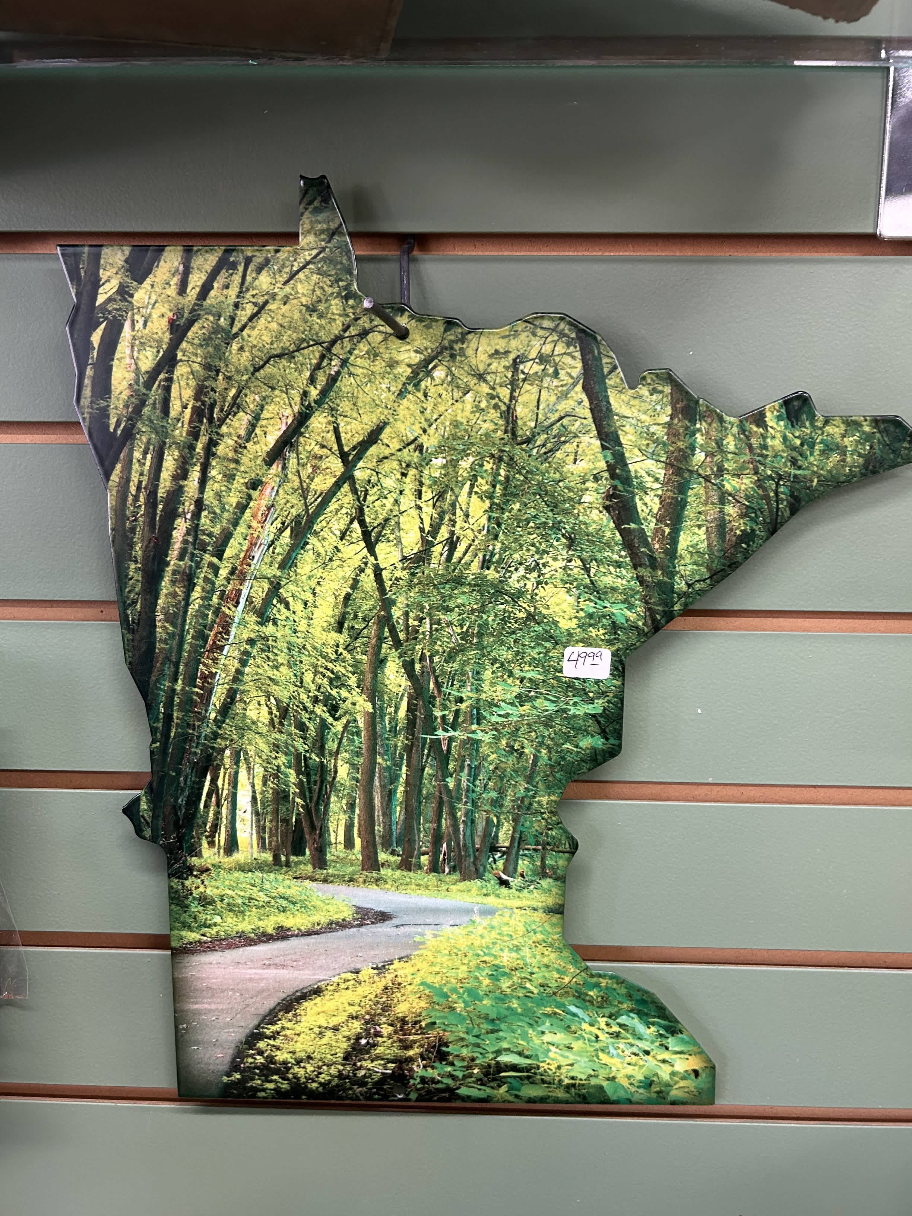 Minnesota Metal Minnesota Metal - This decorative metal wall hanging showcases a serene woodland view of our home state Minnesota. Beautiful for indoor use and durable enough for outdoor use if desired. Enjoy on its own or pair with a plant or fresh arrangement.