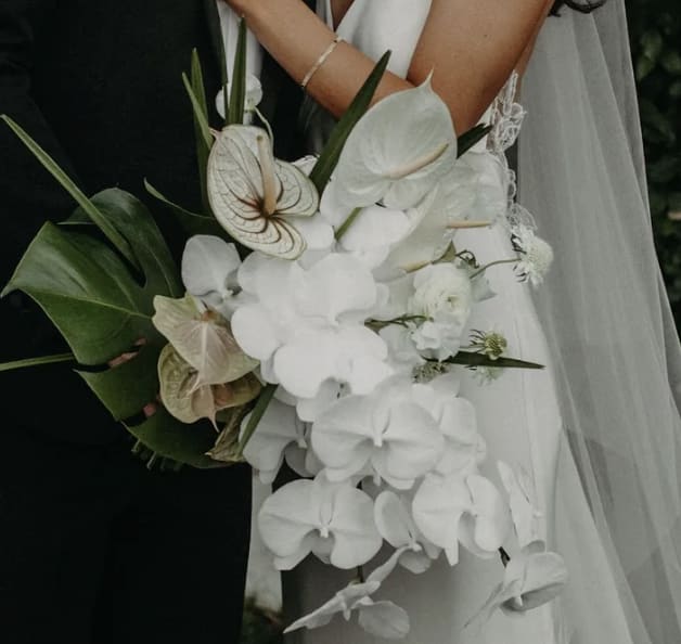 SARA - - Stunning bridal bouquet blending crisp whites and lush greens with a subtle tropical flair - Fresh and modern arrangement featuring exotic foliage for a touch of tropical elegance - Perfect choice for brides seeking a unique twist on traditional colors - Captures the essence of a tropical paradise with a sophisticated and refreshing palette