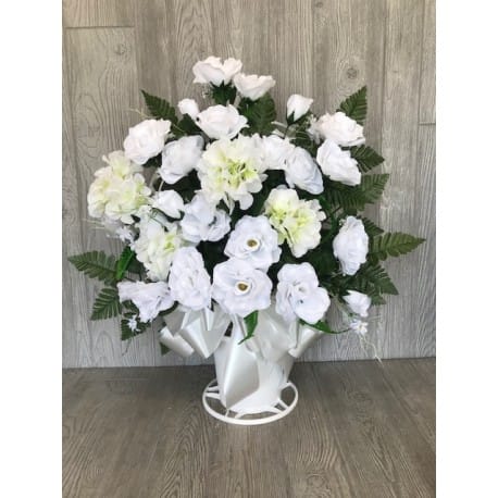 White silk basket White silk basket - White permanent silk flowers in a traditional funeral basket.