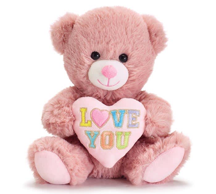 Mauve heart bear plushie Mauve heart bear plushie - Cute and cuddly mauve bear holding a heart that says "Love you". a great add on to any valentines gift.