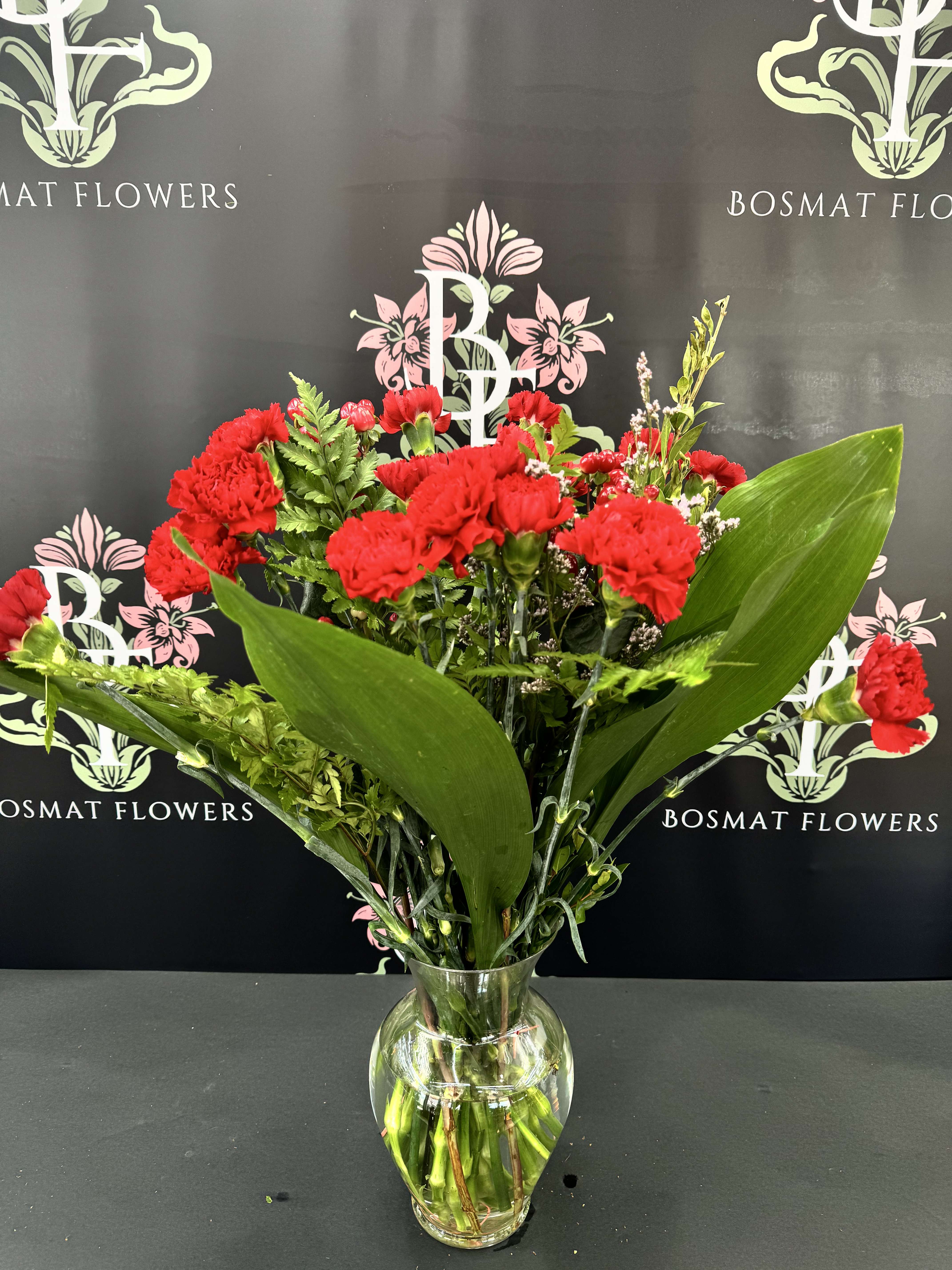 Classic Carnation Bouquet Classic Carnation Bouquet - Express your love and admiration with the Classic Carnation Bouquet from Bosmat Flowers. This stunning bouquet features 25 vibrant color carnations, elegantly arranged to create a timeless and heartfelt gift. Elegant Design: A beautiful arrangement of 25 fresh red carnations, meticulously selected for their rich color and pristine condition. Symbolic Beauty: Red carnations symbolize love, admiration, and affection, making this bouquet perfect for special occasions, romantic gestures, or simply to brighten someone's day. Lush Greenery: Accented with lush green foliage, this bouquet exudes a natural elegance and charm. Perfect for Any Occasion: Ideal for anniversaries, birthdays, Valentine's Day, or as a thoughtful gesture to show you care. If looking for a specific color, please specify in the comments!