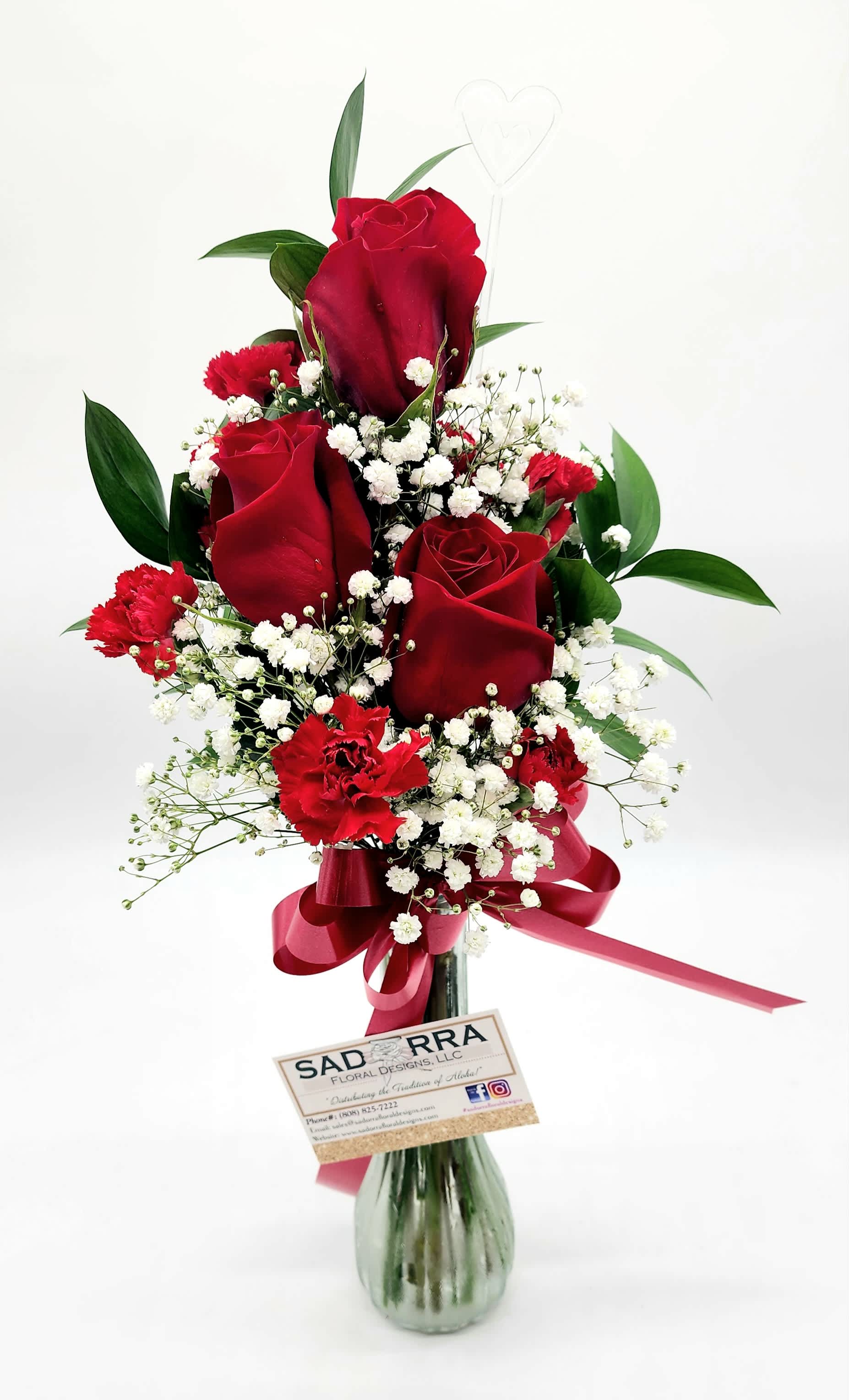&quot;I Love You&quot; Bud Vase Arrangement  - A beautiful array of Three Red Roses arranged in a Bud Vase with greenery and fillers.