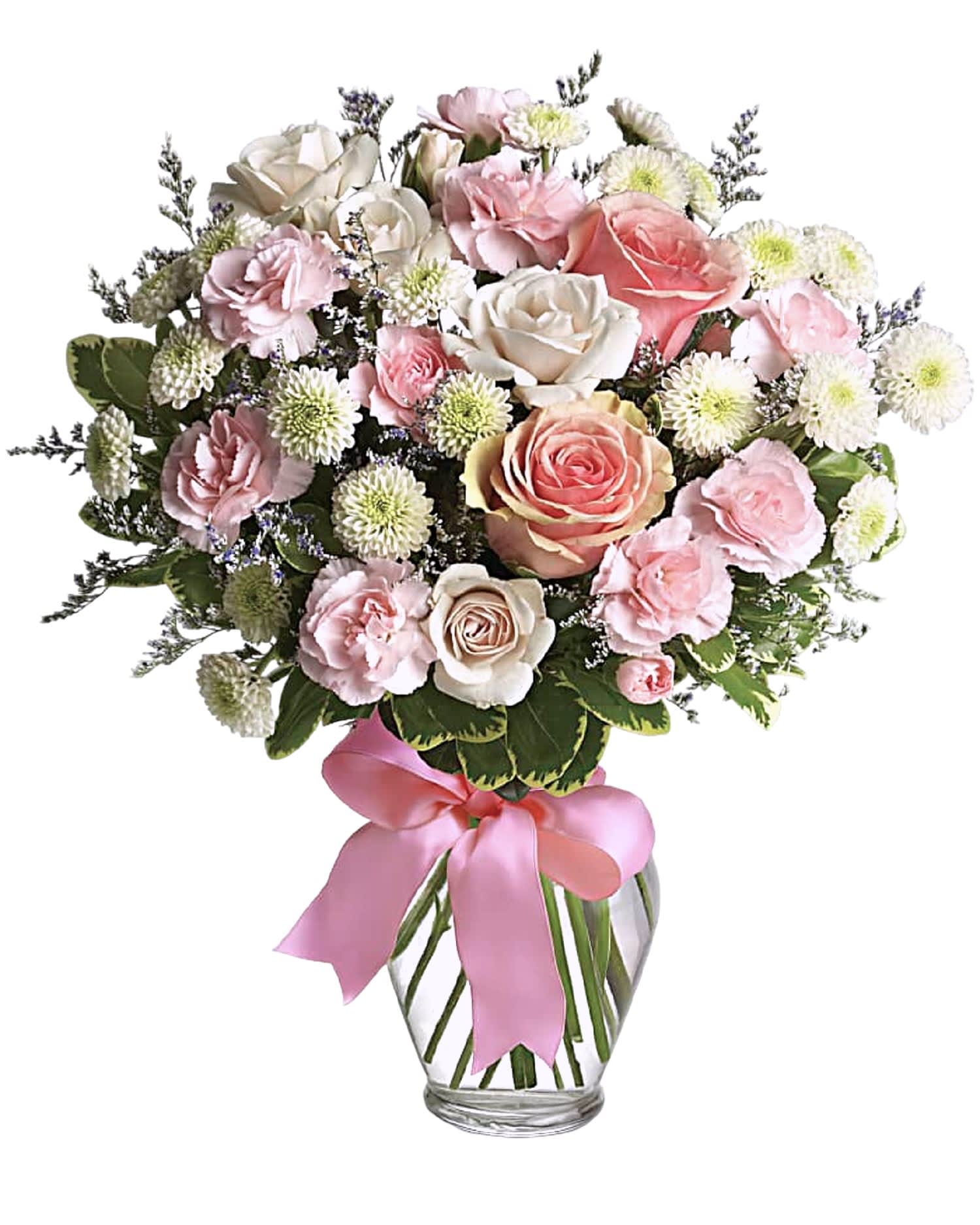 Cotton Candy Flower Arrangement - Sweet as candy! This soft pink and white bouquet is a feminine choice for any occasion.  DETAILS A mix of pink and white flowers including roses, miniature carnations, and button spray chrysanthemums is delivered in a glass vase adorned with pink ribbon.  VASE INCLUDED Item #NF-62  FLORIST-TO-DOOR  Orientation: All-Around  BLOOM DETAILS Roses Spray Roses Mini-Carnations Button-Mums Seasonal Filler Greenery  The Standard Arrangement is approximately 14 1/2&quot; H x 13&quot; W. The Deluxe Arrangement is approximately 14 1/2&quot; H x 14&quot; W. The Premium Arrangement is approximately 16 1/2&quot; H x 15&quot; W.  Designed by our award-winning florist designers.  HOW TO CARE FOR YOUR FLOWERS 1. Keep in a location without direct sunlight and away from extreme heat or cold. 2. Replace the water regularly and mix in the flower food packet provided. 3. Trim the stems at an angle every other day. 4. As flowers/foliage wilt, remove &amp; discard  Please Note: The arrangement pictured reflects an original design for this product. While we always do our best to follow the original flower recipe, the exact flower or container is sometimes unavailable. We may replace items of equal or greater value to deliver the freshest flowers possible while keeping the style &amp; color palette. We assure you that we will create a beautiful, fresh flower arrangement with only the best quality flowers to keep you as a loyal customer.  How to place an order? We have several options. 1. You can place an order directly on this secure website... OR 2. You can call in your order by dialing: (323) 262 - 9238... OR 3. You can visit our store (appointment recommended 323.262.9238)  NINFA'S FLOWERS 2405 WHITTIER BLVD. LOS ANGELES, CA. 90023  ATTENTION: *Please note that on busy holidays, Valentine's Day, and Mother's Day, we cannot verify if the recipient received the flowers until the following day because our drivers don't turn in their signature delivery tablets until the following day. You can verify delivery on the website after 10:00 pm, call 323.262.9238 the following day after 10:00 am, or contact the recipient directly if you haven't received a call from them. Thank you for your patience and understanding.