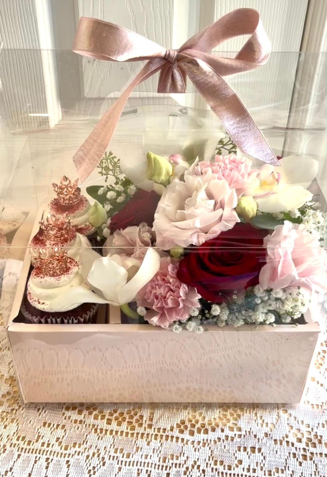 Princess Birthday Tote - Flowers and treats tote, beautiful flowers, roses and orchids with accent flowers, 3 cupcakes or mini cake, red velvet, chocolate, or white. Professionally baked from health department approved bakery. Ingredients info included in packaging or by request, if possible, please allow 24 hours advanced notice but it is not required, Substitutions are made when needed and we will check with you the customer for other choices. We will also take special requests and do our best to accommodate them. 