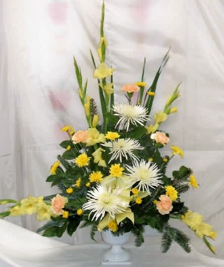 Sympathy White &amp; Yellow - Sympathy arrangement with gladiolas, fuji mums, carnations &amp; pomps.,Gladiolas are not always available, will use Snapdragons or stock