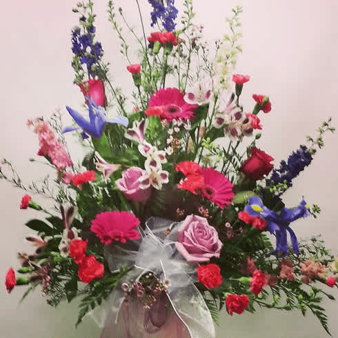 Fresh &amp; Spring Tribute - Spring flowers, Gerberas,roses,spikes, austramaria &amp; ass. fillers 30&quot; tall