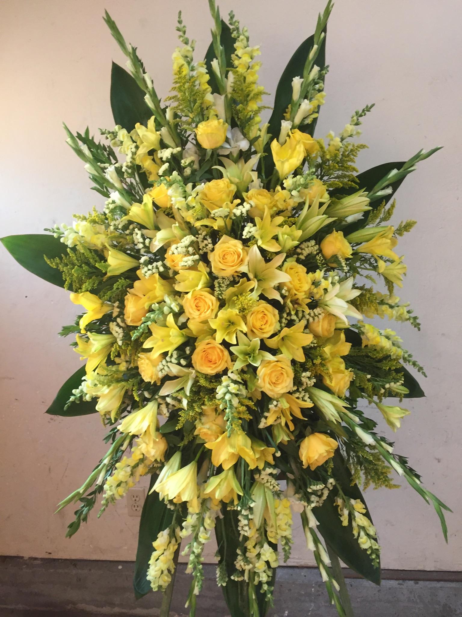 Spray 4 - standing spray of lilies, roses, gladiolus and greens.