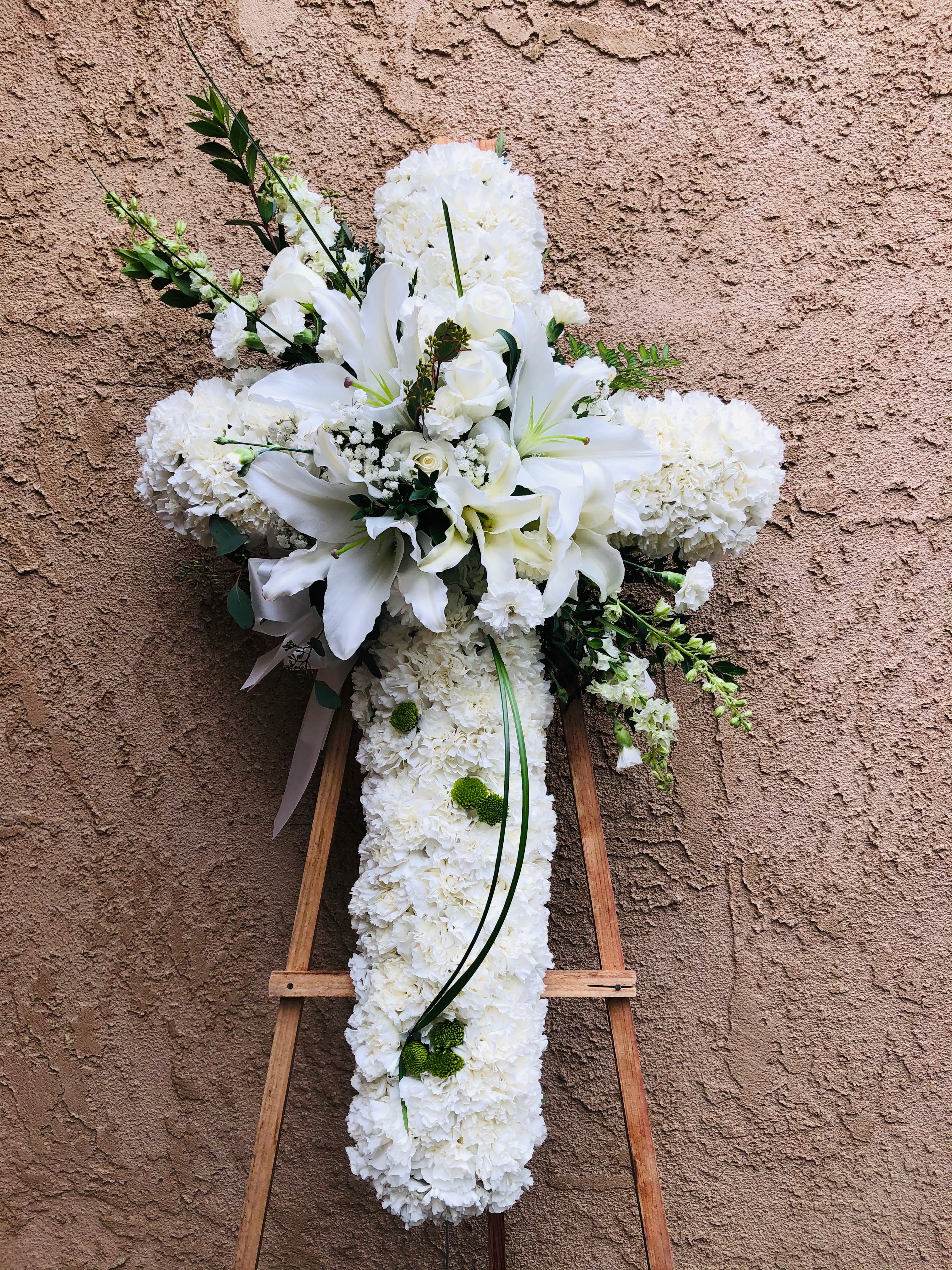 Funeral Cross 2 - Funeral cross spray with all white fresh flowers and accents