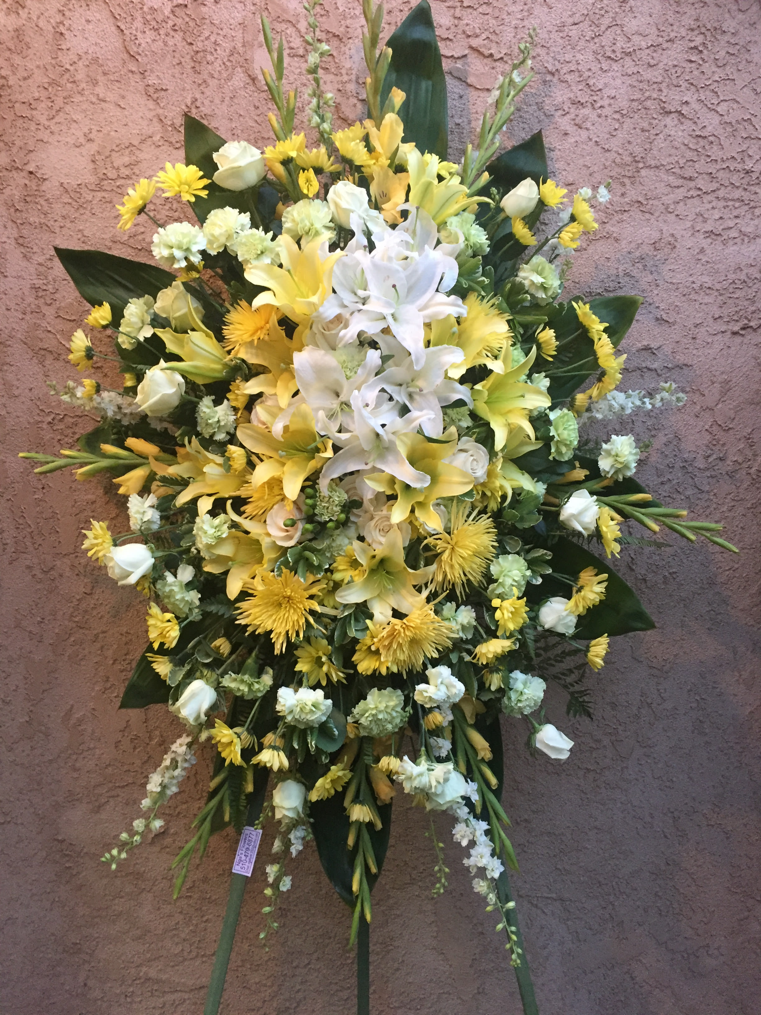 Funeral Spray 9 - Funeral standing spray with white and yellow