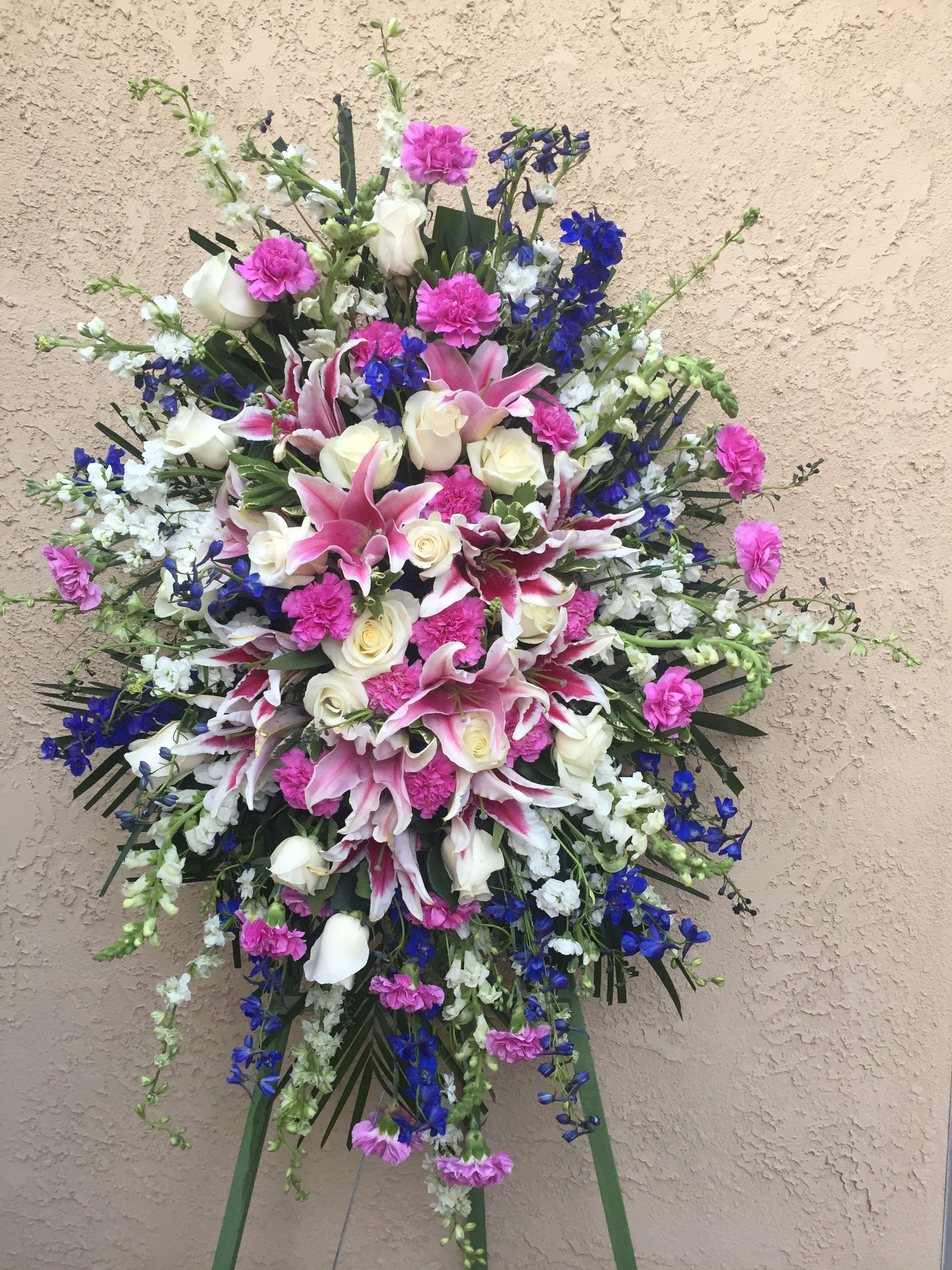 Spray 22 - Standing spray including pink, purple and white flowers. 