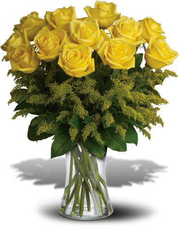 Rosy Glow Bouquet - What a bright idea! Send a summery treat to someone special with this cheerful bouquet of one dozen yellow roses. A happy pick for your fellow yellow-lover!  One dozen yellow roses - a symbol of friendship - are gathered with eye-catching yellow solidago and rich green salal into a graceful glass vase. 