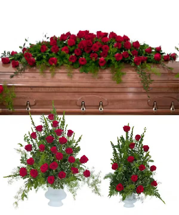 ROYAL ROSE TRIO ROYAL ROSE TRIO - This elegant collection includes a casket spray with matching urns.