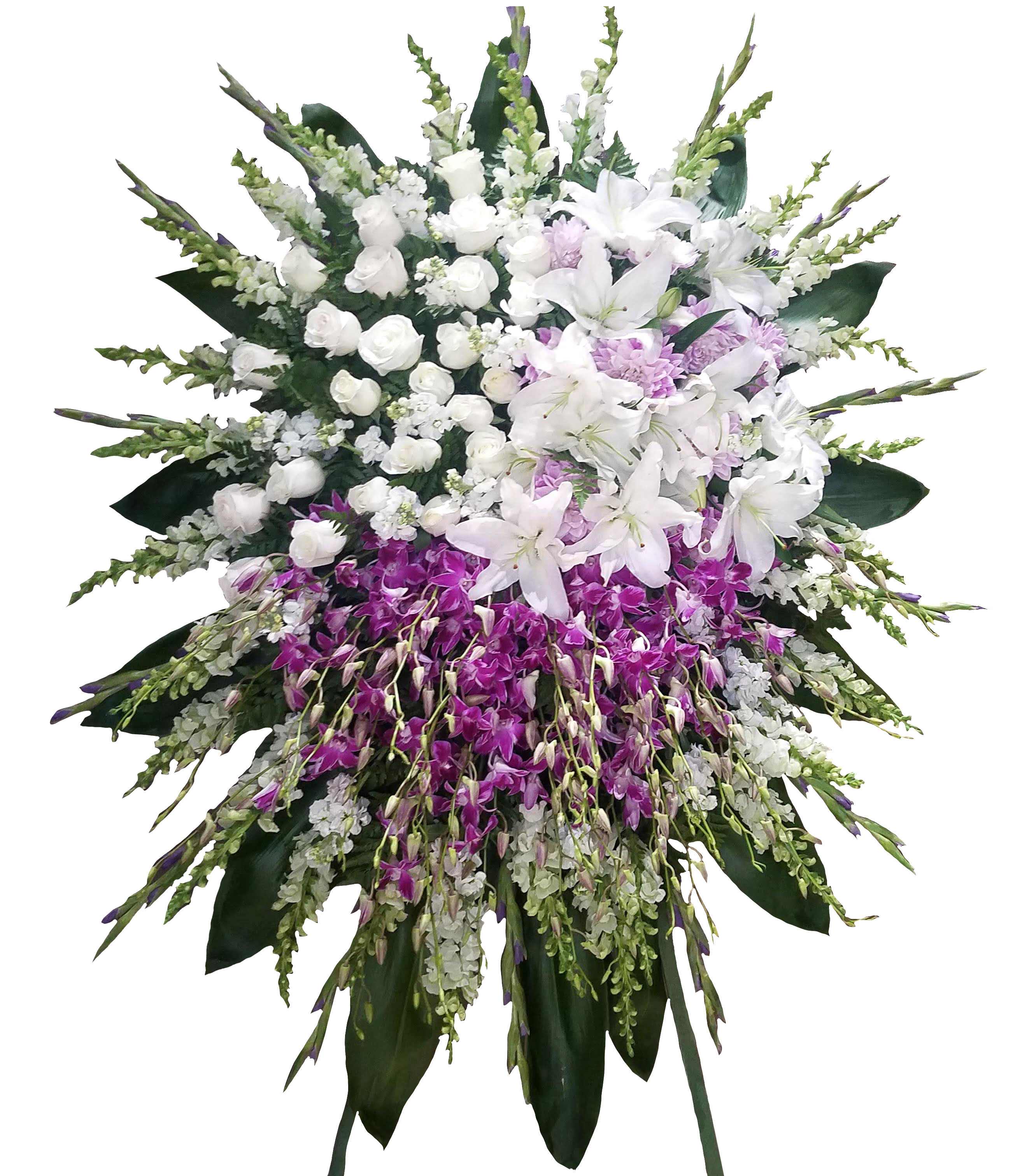 Stunning Spray  - Stunning Standing Spray includes:  White Roses White Lilies White Snapdragon Purple Dendrobium Orchids  This type of design is usually approximately 5 - 6 ft tall and is meant for funeral services ONLY. This design includes a free banner (please include a banner sign in the Special Instruction Box or Message Box with the title “BANNER”).  In the event a banner space is left blank for any reason, ONLY a card message will be included. Banners are printed in a black 2.5-inch wide ribbon with silver ink. Currently, we don't offer any other colors. If the service is the same day as the order was placed we cannot guarantee delivery by a certain time. And flowers will be delivered during normal business hours.  A smaller heart of red roses inside a larger heart orange rose create a gorgeous spray for a funeral. To ensure the delivered flowers match the displayed photo as close as possible we recommend ordering 3-5 days in advance. For the same or next day deliveries, we reserve a right to substitute flowers with the same or greater value.