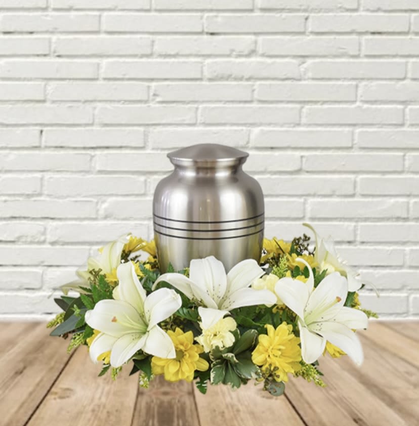 Bright Light Urn Wreath Bright Light Urn Wreath - A stunner wreath to go around your beloved's urn in coloring yellow & white.