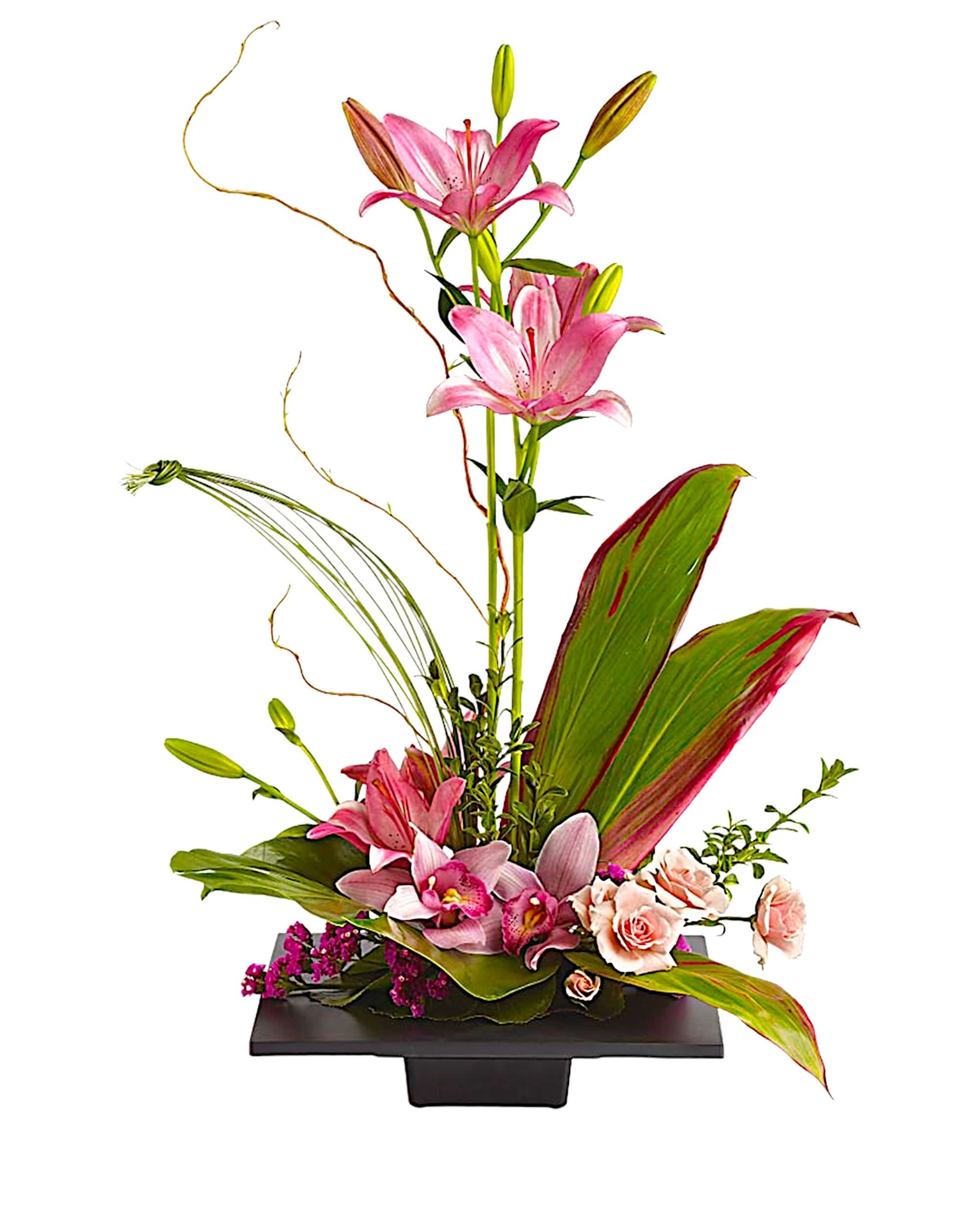 Imagination Blooms with Cymbidium Orchids - Escape into your very own a tranquil Zen Garden with this serenely lovely arrangement of orchids, roses and lilies in a sleek, contemporary black dish. It's an elegant gift of peace for home or office.  DETAILS The exotic arrangement includes pink cymbidium orchids, light pink spray roses, pink Asiatic lilies and hot pink statice accented with ti leaves and other assorted greenery. Item #NF-07  CONTAINER INCLUDED  FLORIST-TO-DOOR  Orientation: One-Sided  BLOOM DETAILS Cymbidium Orchids Asiatic Lilies Spray Roses Statice Filler Greenery  The Standard Arrangement is approximately 27&quot; H x 18&quot; W. The Deluxe Arrangement is approximately 27&quot; H x 20&quot; W. The Premium Arrangement is approximately 27&quot; H x 23 1/2&quot; W.  Designed by our award-winning florist designers.  HOW TO CARE FOR YOUR FLOWERS 1. Keep in a location without direct sunlight and away from extreme heat or cold. 2. Add water regularly to keep floral foam moist and mix in the flower food packet provided. 3. As flowers/foliage wilt, remove &amp; discard  Please Note: The arrangement pictured reflects an original design for this product. While we always do our best to follow the original flower recipe, the exact flower or container is sometimes unavailable. We may replace items of equal or greater value to deliver the freshest flowers possible while keeping the style &amp; color palette. We assure you that we will create a beautiful, fresh flower arrangement with only the best quality flowers to keep you as a loyal customer.  How to place an order? We have several options. 1. You can place an order directly on this secure website... OR 2. You can call in your order by dialing: (323) 262 - 9238... OR 3. You can visit our store (appointment recommended 323.262.9238)  NINFA'S FLOWERS 2405 WHITTIER BLVD. LOS ANGELES, CA. 90023  ATTENTION: *Please note that on busy holidays, Valentine's Day, and Mother's Day, we cannot verify if the recipient received the flowers until the following day because our drivers don't turn in their signature delivery tablets until the following day. You can verify delivery on the website after 10:00 pm, call 323.262.9238 the following day after 10:00 am, or contact the recipient directly if you haven't received a call from them. Thank you for your patience and understanding.