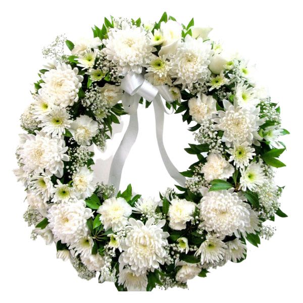 Petals of Serenity - Introducing our &quot;Petals of Serenity&quot; wreaths, thoughtfully crafted and available in two sizes: 18&quot; and 24&quot;. These exquisite wreaths feature a harmonious blend of carnations, disbuds, pom poms, baby's breath, and lush greens, creating an elegant display of floral beauty. The 18&quot; wreath is perfect for adding a touch of serenity to smaller areas, while the fuller 24&quot; wreath makes a graceful statement. Suitable for various occasions, our &quot;Petals of Serenity&quot; wreaths are a lovely way to express sympathy, celebrate moments, or convey your warmest wishes. With our same-day flower delivery, you can promptly order these beautiful wreaths and bring a sense of calm and beauty to your space or send them as a thoughtful and timely gesture.